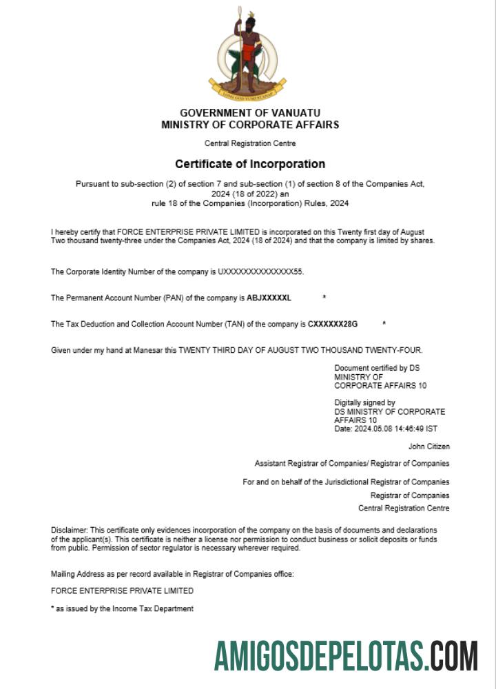 Certificado de registro comercial de Vanuatu para download, modelo Word e PDF